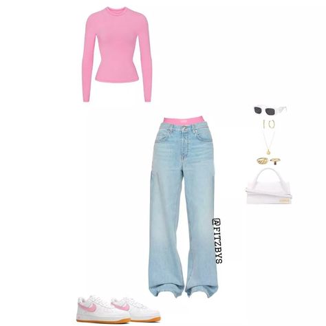 Pink Top And Light Blue Jeans Outfit, Pink Long Sleeve Top Outfit, Pink And Light Blue Outfit, Blue And Pink Outfit Ideas, Outfits With Pink Top, Pink Longsleeves Outfit, Light Pink Top Outfit, Pink Top Outfits, Pink Out Outfits