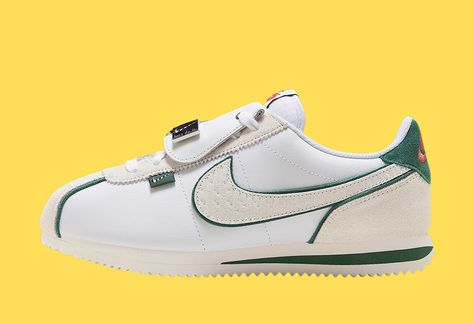 Nike Cortez “All Petals United” Comes Fitted with a Pin Covered Lace Shroud - Sneakers - EUKICKS Street Sneakers, Vans Sneakers, Nike Cortez, Air Max 1, Nike Cortez Sneaker, Drop In, Deep Green, Nike Logo, White Leather