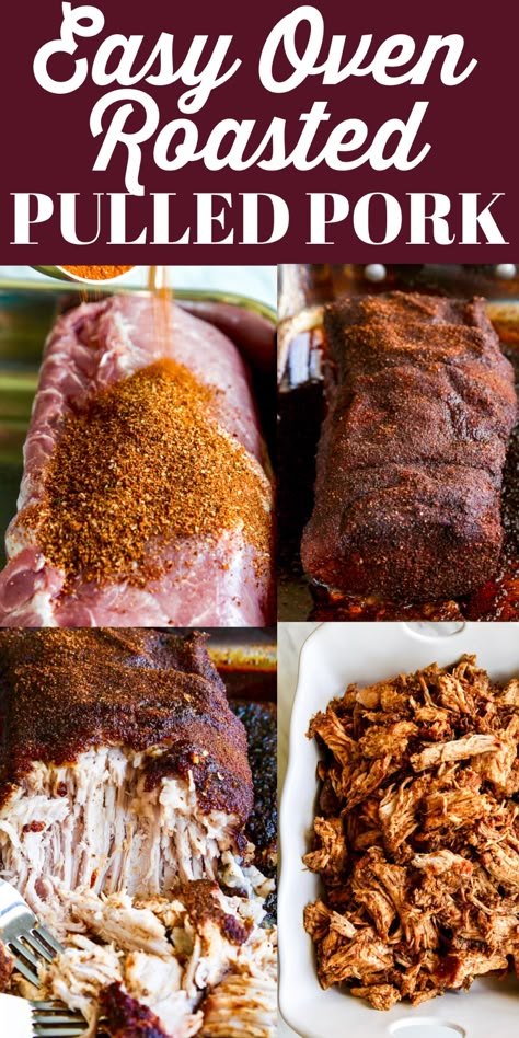 Oven Roasted Pulled Pork is moist and super savory! Season with a homemade rub and cook it with these slow-roasting secrets. We cover how to make pulled pork at a low oven temperature as opposed to slow cooked in a crockpot. And why a loin is the best cut! The low heat temperature and a long cooking process make the meat easy to shred as it becomes tender over the hours. The result: perfectly moist yet slightly caramelized edges with the best flavor. Pulled Pork Roast Recipes, Pulled Pork In Roaster Oven, Pulled Pork Loin, Slow Cooked Pork Loin, Pork Roast Recipes Oven, Baked Pulled Pork, Homemade Bbq Rub, Pulled Pork Oven Recipe, Roasted Pulled Pork