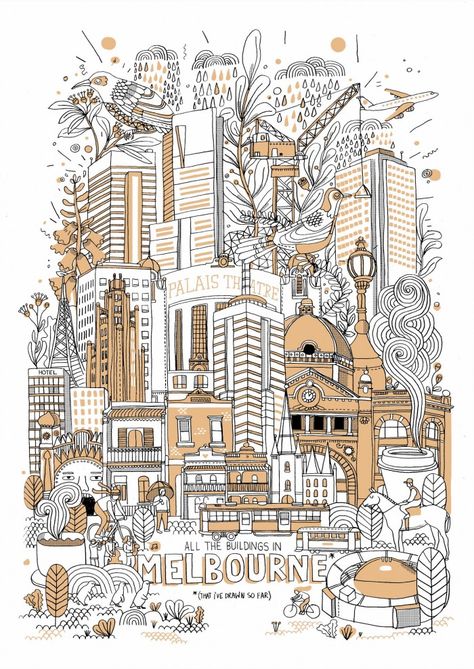 James Gulliver Hancock, Buildings Illustration, Location Illustration, Melbourne Drawing, Melbourne Illustration, City Building Illustration Architecture, City Pattern Illustration, Melbourne Skyline Drawing, Melbourne Street Art