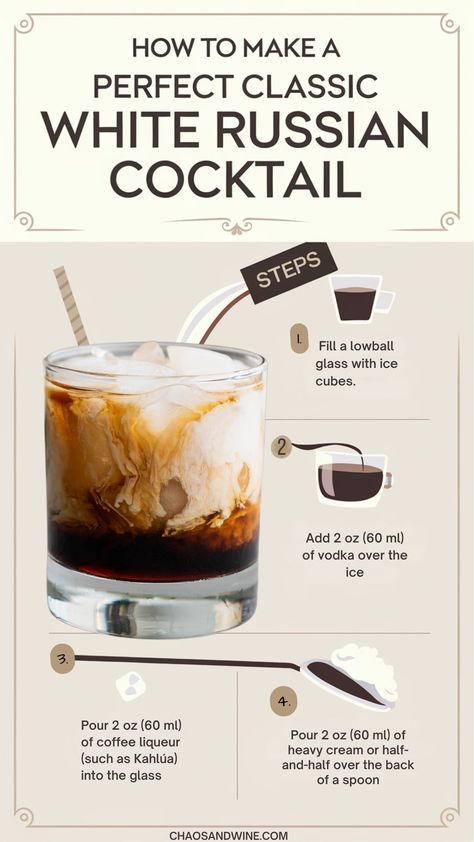 Step-by-step guide to make a classic White Russian cocktail with vodka, Kahlúa, and cream. This creamy, indulgent cocktail is perfect for coffee lovers and fans of easy alcoholic drinks. Learn how to mix this white russian recipe with kahlua in just a few minutes! Follow the simple instructions for a perfectly layered creamy liquor drink. Great for anyone looking for popular Russian cocktails or classic vodka cocktails! White Russian Aesthetic, White Russian With Baileys, White Russian Shots, Dry Gin Recipes Drinks, White Russian Recipe Kahlua, White Wine Cocktail Recipes, Kaluha Recipes Drinks Cocktails, Kalua Drinks, Easy Cocktail Recipes 3 Ingredients