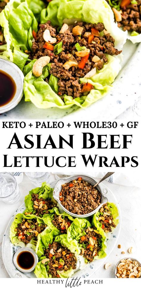 Asian Beef Lettuce Wraps that are full of flavor and is sure to satisfy anyone at the table. This recipe is Whole30, Keto, and Paleo compliant. #whole30recipes #ketorecipes #asianlettucewraps #beeflettucewraps #asianrecipes #healthyrecipes #asian Whole30 Beef, Salat Wraps, Lettuce Wraps Healthy, Asian Lettuce Wraps, Beef Lettuce Wraps, Whole30 Keto, Asian Beef, Lettuce Wrap Recipes, Asian Inspired Recipes