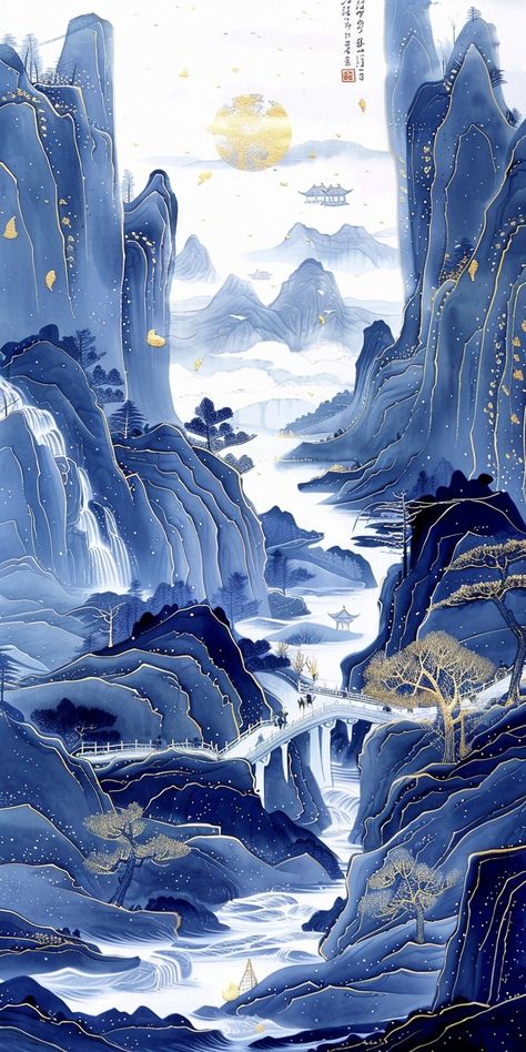 Midjourney Feed Chinese Artwork Traditional, Chinese Aesthetic Wallpaper, Chinese Wallpaper Aesthetic, Chinese Mountains, Winding River, Chinese Wallpaper, Landscape Blue, Asian Landscape, Traditional Chinese Art