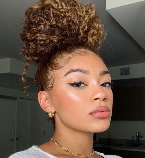 Jasmine Brown high bun High Messy Curly Bun, Jasmine Brown Hairstyles, High Messy Bun Curly Hair, Hairstyles For 2b Hair, High Bun Curly Hair, Curly Bun Hairstyles For Black Hair, Hairstyle High Bun, Curly High Bun, High Curly Bun