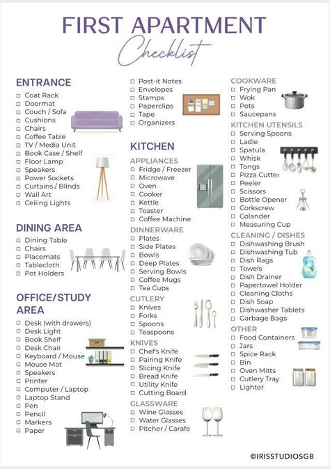 Home Essentials Checklist, Checklist New Home, New Home Essentials Checklist, First Home Checklist, Organisation Planner, First Apartment Tips, Home Checklist, New Home Essentials, First Apartment Essentials