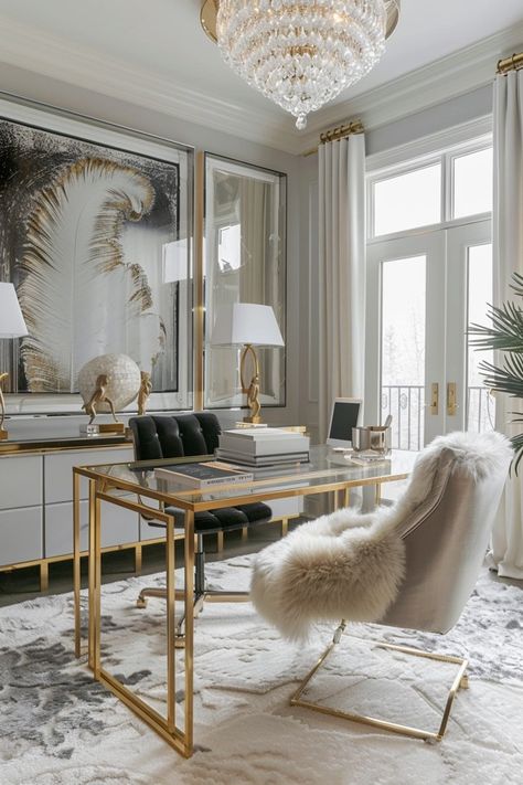 Glamorous Home Office: Metallic Touches Glam Room And Office, Bougie Office Ideas, Luxury Office Decor, Modern Chic Office Design, Glamorous Home Office, Pink Glam Office, White And Gold Office Ideas, Fashion Office Interior, Dream Office Luxury