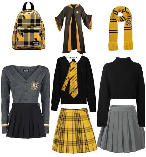 Hufflepuff outfit ideas | Harry Potter Halloween Costumes Hufflepuff, Plus Size Hufflepuff Outfit, Huffle Puff Costume, Hufflepuff Scarf Outfit, Hufflepuff Womens Outfit, Harry Potter Costume Hufflepuff, Hogwarts Hufflepuff Outfit, Hufflepuff Costume Ideas, Hufflepuff Cheerleader Outfit