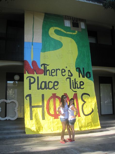 Phi Mu's There's No Place Like Home Bid Day!                                                                                                                                                                                 More Wizard Of Oz Bid Day, Wizard Of Oz Homecoming Theme, Hoco Decor, Pep Rally Themes, Homecoming Banner, Spirit Week Themes, Recruitment Decorations, Sorority Recruitment Themes, Hoco 2022