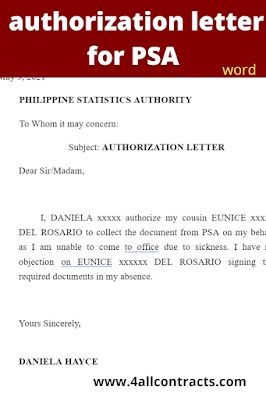 Sample Authorization letter for PSA 2022Find below, an example of authorization letter for PSA to adapt to your personnal needs. You can also download this document in word format. (adsbygoogle = window.adsbygoogle || []).push({}); Example of authorization letter for PSA :May 9, 2021 PHILIPPINE STATISTICS AUTHORITY To Whom it may concern: Subject: AUTHORIZATION LETTER Dear Sir/Madam, I, DANIELA xxxxxx authorize my cousin EUNICE xxxx DEL ROSARIO to collect the d Rosario, Philippines Word, Classroom Bulletin Boards Elementary, Authorization Letter, To Whom It May Concern, Environment Quotes, Lesson Plan Sample, Princess Party Invitations, Camera Logos Design