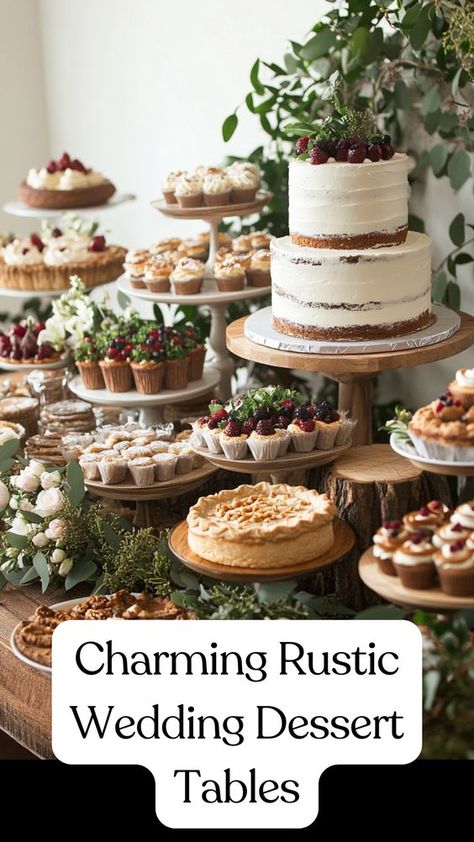 Create a charming rustic wedding dessert table that will delight your guests with delicious treats and stunning decor. Discover creative ideas for rustic displays featuring cakes, pies, cookies, and more, all beautifully arranged to match your theme. With our tips, your dessert table will be an unforgettable highlight of your celebration. Get inspired and elevate your rustic wedding with these delightful dessert ideas! Fall Wedding Dessert Tables, Cake Table Engagement Party, Pies Wedding Display, Cookie Table For Wedding Reception, Wedding Desserts Bar, Terracotta Dessert Table, Desert Bars Wedding, Autumn Dessert Table, Rustic Wedding Cake Table Set Up