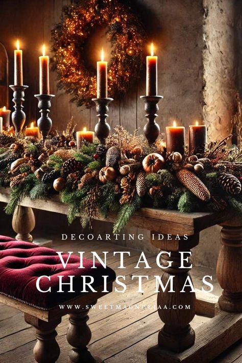 Unlock the secrets to a perfect Vintage Christmas with our detailed guide. Learn how to blend antique charms with modern flair to fill your home with warmth and nostalgia this holiday season.  #vintagedecor #decoratingtips #christmasdecor #homedecor Historic Home Christmas Decorations, Moody Victorian Christmas, Moody Vintage Christmas Decor, Christmas Side Table Decorations, Dark And Moody Christmas Decor, Antique Christmas Decor Ideas, Dark Academia Christmas Aesthetic, Dark Vintage Christmas, Vintage House Aesthetic