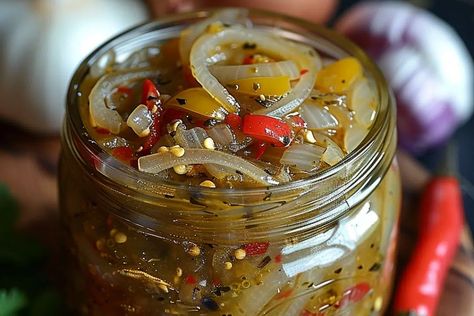 Onion Pepper Relish Recipe, Chocolate Swirl Cheesecake, Canning Peppers, Cream Cheese Pasta, Condensed Coconut Milk, Cheeseburger Pie, Relish Recipe, Pepper Relish, Homemade Comfort Food