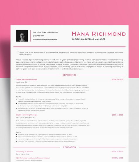 Hana Richmond is a modern, elegant free digital marketing resume template for creating a modern, impressive resume. It’s clean – it doesn’t have any small details that may distract. The layout is clean, so an HR manager can easily find the necessary information. Moreover, it has a photo placeholder. The default color scheme uses white and pink. It’s easy to customize – change colors or even add new sections. However, the default layer should still work well. #freeresumetemplates Digital Marketing Resume, Interviewing Tips, Marketing Resume, Hr Manager, Resume Layout, Digital Marketing Manager, Hr Management, Font Pairing, Interview Tips