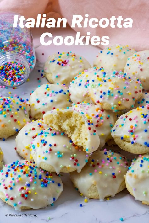 Italian Ricotta Cookies with colorful sprinkles are piled up on top of one another. Part Skim Ricotta Cheese Recipes, Using Ricotta Cheese, Easiest Recipes Ever, Recipes Using Ricotta Cheese, Ricotta Cheese Cookies, Recipe Using Ricotta, Ricotta Cookies Recipe, Sweet Ricotta, Italian Ricotta Cookies