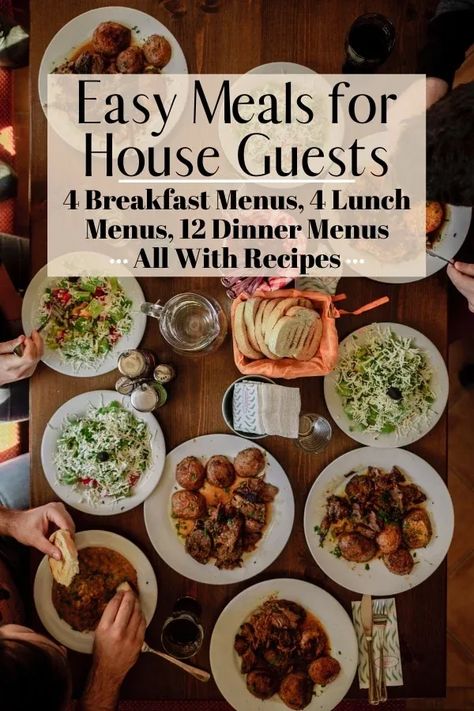 4 breakfast menus, 4 lunch menus, and 12 dinner menus all with recipes. This is a great resource to make entertaining house guests easy! Meals For House Guests, Lunch Menu For Guests, Dinner Guests Recipes, Entertaining Food Dinner, Easy Entertaining Dinner, Entertaining Dinner, Meal Planning Menus, House Guests, Dinner Party Menu