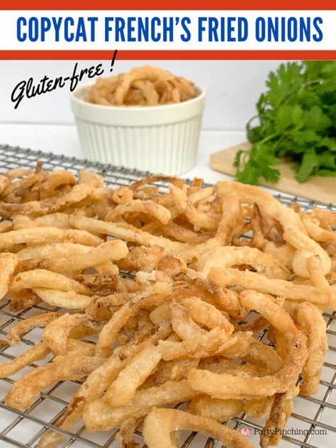 homemade onion strings recipe, best homemade onion strings, best easy homeade gluten free onion strings, gluten free onion straws, gluten free fried onions, gluten free french fried onion strings straws crispers, best onion crisper recipe, best french's fried onion copycat recipe gluten free Fried Onion Straws, Gluten Free French Fried Onions, Onion Strings Recipe, Fried Onion Strings, Thanksgiving Green Bean Casserole, Onion Straws, Onion Strings, Burger Salad, Crockpot Pulled Pork