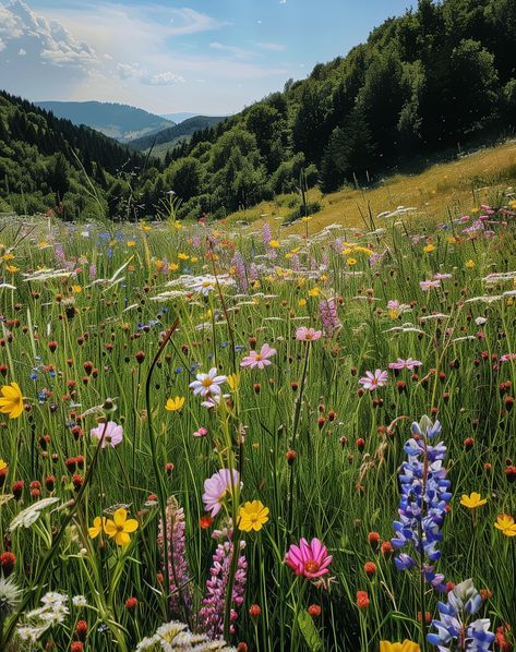 Meadow with wildflowers . . . . . . #wildflowers #flowers #meadow #forest #flower #nature Wild Flowers Meadow, Nature Graphics Design, Wild Flowers Pictures, Wild Flower Fields, Forest Meadow Aesthetic, Spring Meadow Aesthetic, Spring Photos Nature, Flora Cosplay, Forest With Flowers