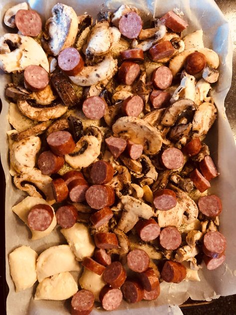 Perogy & Farmer Sausage Sheet Pan w/ Mushrooms - Too Busy Livin' Sheet Pan Sausage And Perogies, Farmers Sausage Meals, Sheet Pan Polish Sausage And Veggies, Veggie Sausage Sheet Pan, Chicken Sausage Veggie Sheet Pan, Sausage And Root Vegetable Sheet Pan, Farmer Sausage, Sausage Bake, Pan Recipes