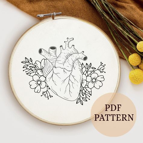 Cross Stitch Patterns Anatomical Heart Embroidery Pattern, Human Heart Embroidery, Heart Embroidery Patterns, Anatomical Heart Embroidery, Embroidery Flowers Pattern Templates, Floral Heart Embroidery, Cross Stitch Embroidery Designs, Embroidery Heart Pattern, Embroidery Patterns Free Templates