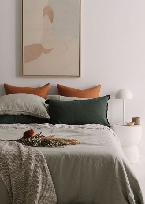 Color Trend: Styling with Green | Haven Home Staging & Redesign Inc. Sage Bedding, Sage Bedroom, Sage Green Bedroom, Green Sheets, Bedroom Nightstand, Nightstand Lamp, Lamp Lighting, Redecorate Bedroom, Modern Nightstand