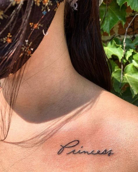 Princess Tattoo Writing Ideas, Princess Font Tattoo, Princess Writing Tattoo, Princesa Tattoo Word, Word Princess Tattoo, Princess Neck Tattoo, Princess Script Tattoo, Small Princess Tattoo, Princess Tattoo Ideas Words