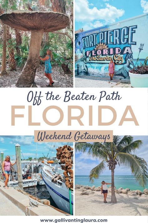 Four images, top left to right: girl with a blue dress standing underneath a giant mushroom, girl standing in a pink dress against a colourful mural wall that reads 'Fort Pierce Florida, The Sunrise City'. Bottom left to right: girl standing next to a sponge boat at the dock, girl standing underneath a palm tree looking down with the blue sea in the background Florida Day Trips With Kids, Hidden Gems Florida, Day Trips Florida, Southern Florida Vacation, Unique Places In Florida, Florida Trip Ideas, Florida Must See Places, Cool Places To Visit In Florida, Florida Weekend Getaways