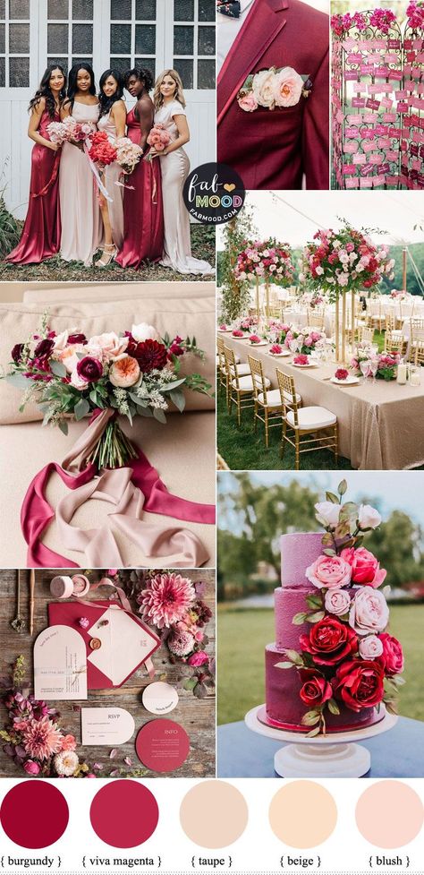 viva magenta wedding, viva magenta wedding ideas, wedding colour, wedding ideas, how to use viva magenta in wedding, summer wedding, wedding color theme, viva magenta and blush colour palette Red Wedding Colors Palette, Pink Wedding Scheme Colour Palettes, Magenta Wedding Bridesmaid, Magenta Color Palette Wedding, Berry Color Wedding Theme, Berry Color Wedding Decor, Raspberry Pink Wedding, Pink And Berry Wedding, Pink Themed Wedding Color Combos