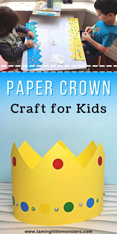 Paper Crown Craft for Kids. A fun and easy arts and crafts activity for toddlers, preschoolers and kindergarteners. #artsandcrafts #toddler #preschool #kindergarten Iguanas, Fairy Tales Preschool, Princess Activities, Crown Craft, Castle Crafts, Easy Arts, Fairy Tale Crafts, Princess Crafts, Fantasy Craft