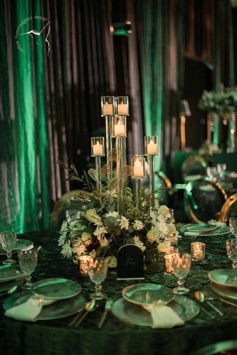 Emerald Green Sangeet Decor, Rainforest Theme Quince, Emerald Green And Gold Reception Decor, Dark Green Reception Decor, Emerald Green Masquerade Party, Emerald Green And Gold Wedding Decor Receptions, Green And Black Sweet 16, Dark Green Centerpieces, Emerald Green Reception Decor