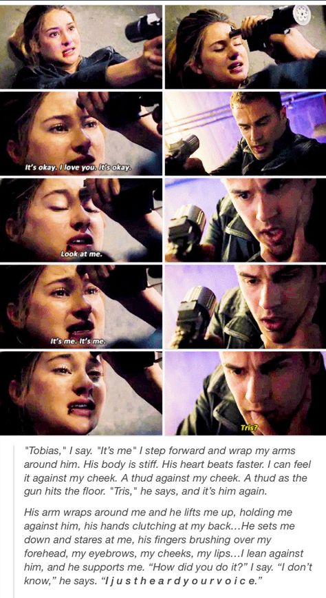 Tris and Tobias. I love this scene and the movie/book love both Shailene Woodley and Theo James Divergent 2014, Divergent Memes, Tris And Tobias, Divergent Book, Divergent Hunger Games, Divergent Movie, Tris And Four, Divergent Fandom, Divergent Quotes