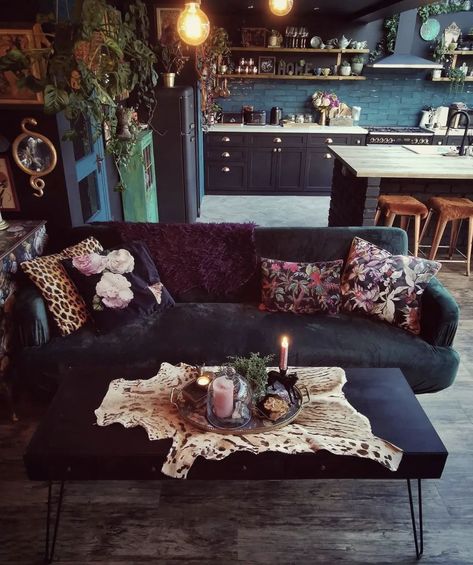 Electric Home Decor, Dark Eclectic Home, Dark Eclectic, Voice Of Nature, Dark Living Rooms, Style Coffee Table, Dark Home Decor, Home Decor Idea, Goth Home Decor