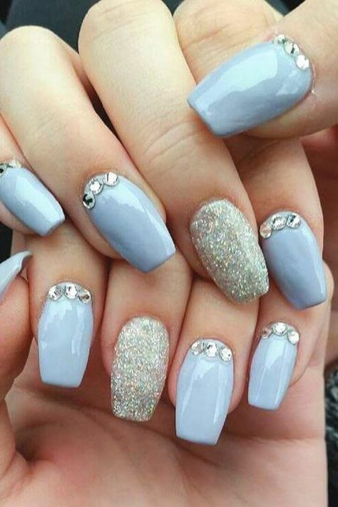 Attractive Acrylic Nail Designs Blue Nails With Stones, Nails With Stones, Baby Blue Acrylic Nails, Nail Polish Combinations, Matte Stiletto Nails, Nails Pictures, Theme Nails, Nails Images, Nail Designs Bling