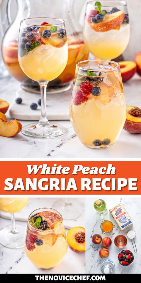 Blissful to drink, and blissfully easy to make, White Peach Sangria is the summer cocktail of your dreams! The combination of chilled white wine, peach nectar, and fresh fruit is both mouthwatering and gorgeous. Peach Sangria Recipes, Summer Sangria Recipes, White Peach Sangria, White Sangria Recipe, Easy Sangria Recipes, Peach Nectar, Peach Sangria, Refreshing Summer Cocktails, Sangria Recipe