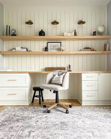 Vertical Shiplap Walls With a Floating Shelf - Soul & Lane Builder Grade Updates, Shelves Above Desk, Built In Desk And Shelves, Farmhouse Reno, Wfh Office, Vertical Shiplap, Warm Wood Flooring, Long Floating Shelves, Office Built Ins