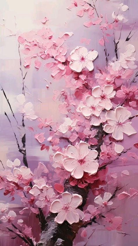 Oil Paint Cherry Blossom, Cherry Blossoms Paintings, Textures Flower Painting, Japanese Cherry Tree Painting, Flower Branches Painting, Painting Blossom Tree, Pink Blossom Tree Painting, Acrylic Painting Canvas Cherry Blossom, Paintings With White Background