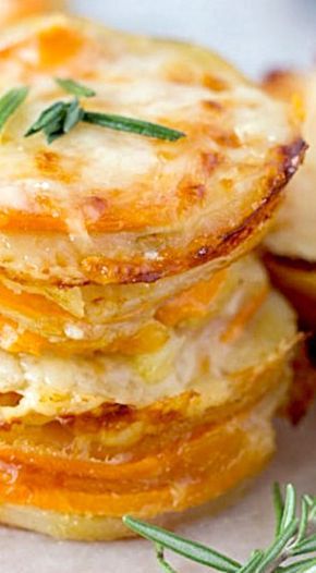 Two Cheese Scalloped Potato Stacks - so easy to make in a muffin tin - alternate layers of potatoes with mozzarella and gruyere cheese. You can use both sweet and regular potatoes or all regular potatoes alone.. ❊ Scalloped Potatoes Muffin Tin, Individual Scalloped Potatoes, Healthy Recipes For Two, Cheese Scalloped Potatoes, Scalloped Potato, Potato Stacks, Delicious Sides, Muffin Tin Recipes, Recipes For Two