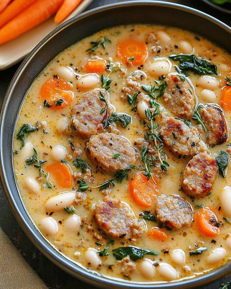 White Bean Pork Stew, Bean Soup With Smoked Sausage, Veggie Sausage Soup, White Bean Sausage Chili, Soups Using Hot Sausage, Sausage Wedding Soup, Bean And Sausage Soup Slow Cooker, Sausage Bean Soup Crock Pot, White Bean And Kale Soup With Sausage