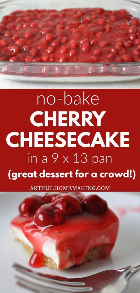 This no-bake cherry cheesecake dessert (often called cherry delight) is a great easy recipe for a crowd. It makes a 9 x 13 inch pan full of cheesecake! Cherry Cheesecake Dessert No Bake, Low Carb Cherry Cheesecake, Easiest No Bake Cherry Cheesecake, Mini Cherry Cheesecake Recipes, Easy Cherry Cheesecake No Bake, Easy Cherry Delight Dessert, Cherry Delight Dessert 9x13, Great Dessert Recipes, Comfort Dessert Recipes