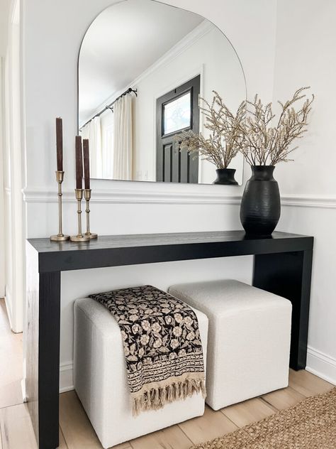 Console Table Next To Stairs, Console Table With Nesting Stools, Sofa Table Behind Couch Entryway, Leather Couch With Console Table, Console With Stools Underneath, Console Table With Puffs, Entry Table Contemporary, Modern Entryway With Mirror, Stool Under Console Table