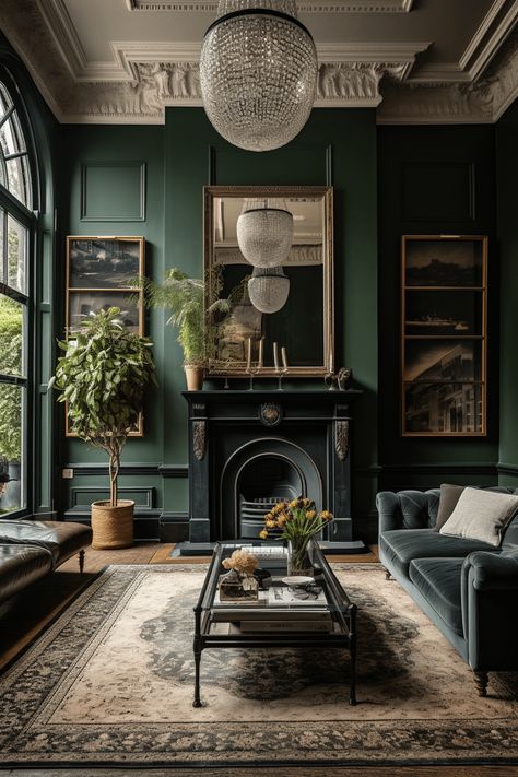 Moody Spaces, Sage Green Living Room, Livng Room, Dark Green Living Room, Bourbon Room, Moody Living Room, Victorian Living Room, Dark Living Rooms, Interior Design Per La Casa