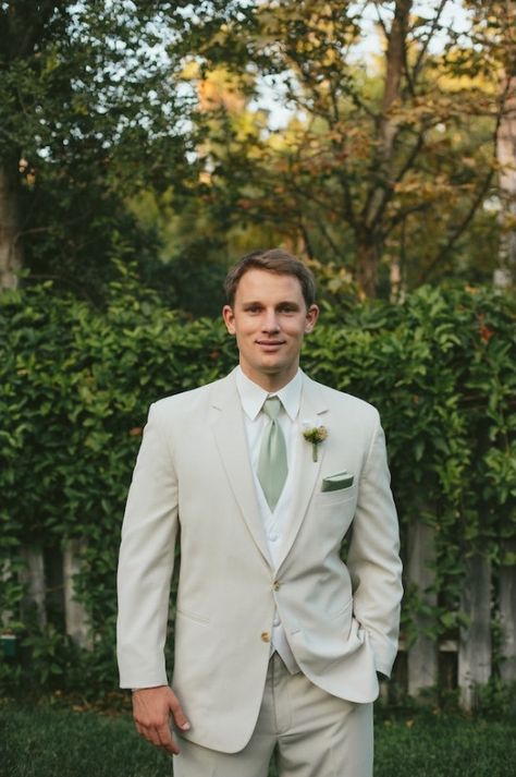 Light Color Groom Suit, Tan And Sage Suit, Beige And Sage Groomsmen Suits, Mens Light Coloured Suits, Beige Tux With Sage Green, Tan Suite Sage Tie, Beige Suit Green Tie Wedding, Tan Suit Sage Tie, Sage Suit Men Wedding