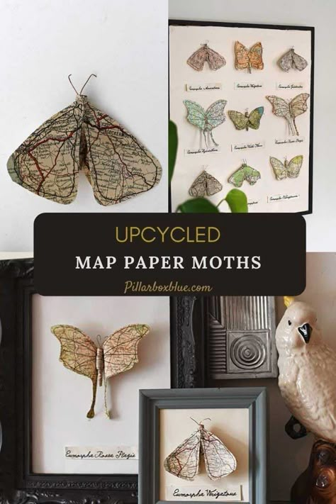 Diy Collage Paper Ideas, Art Made Out Of Books, Sewing Into Paper, Naturalist Decor Diy, Map Crafts Ideas, Making Paper Butterflies, Paper Crafts For Gift, Coloured Paper Craft, Moth Paper Craft