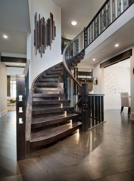 Curved Staircase Wall Decor, Staircase Wall Decor Ideas, Staircase Contemporary, Unique Staircase, Perfect Greige, Wall Decor Living Room Rustic, Staircase Pictures, Foyer Ideas Entryway, Staircase Design Ideas