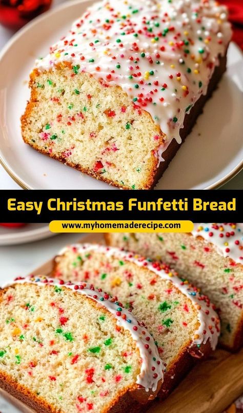 This easy Christmas Funfetti bread is the best bread for holiday celebrations. Festive, sweet, and filled with colorful sprinkles, it’s the ultimate Funfetti bread for Christmas mornings Best Holiday Bread Recipes, Funfetti Christmas Bread, Holiday Bread Loaf Recipes, Christmas Funfetti Bread, Christmas Morning Bake, December Dessert Ideas, Mini Loaf Breads For Christmas, Funfetti Loaf Cake, Easy Christmas Loaf Cake