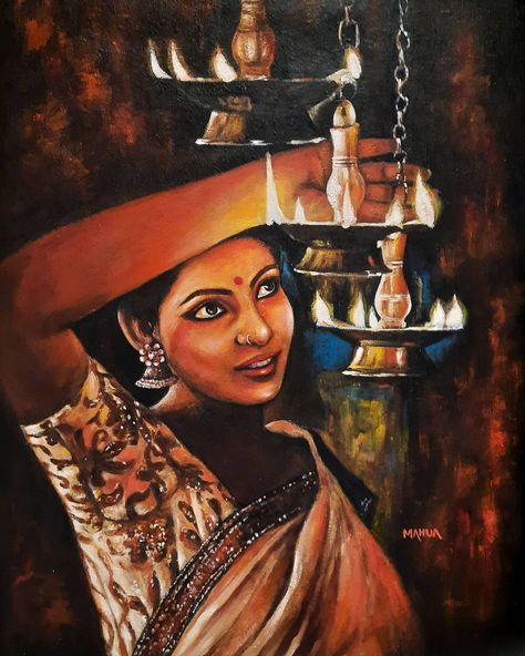 Diwali Painting, Festival Paint, Diwali Lamps, Food Art Painting, Composition Painting, Bengali Art, Modern Art Canvas Painting, Indian Women Painting, Indian Art Gallery