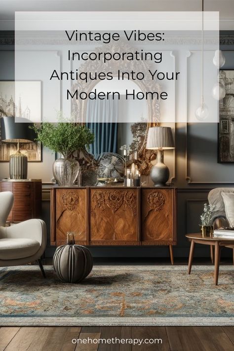 Uncover the secret to infusing your contemporary space with a touch of timeless elegance by seamlessly blending antique treasures into your decor. Elevate the charm and character of your modern home with expert tips on artfully incorporating vintage pieces. Experience the perfect balance between old and new as you discover the art of merging classic sophistication with modern aesthetics. Dive into a world where history meets innovation, and transform your living space into a captivating showcase Mix Old And Modern Interior, Modern House With Vintage Touch, Antique Furniture Modern Home, Old World Modern Decor, Antique Furniture Decor, Vintage Meets Modern Decor, Mixing Antiques With New Furniture, Old Furniture In Modern Home, Vintage Contemporary Living Room