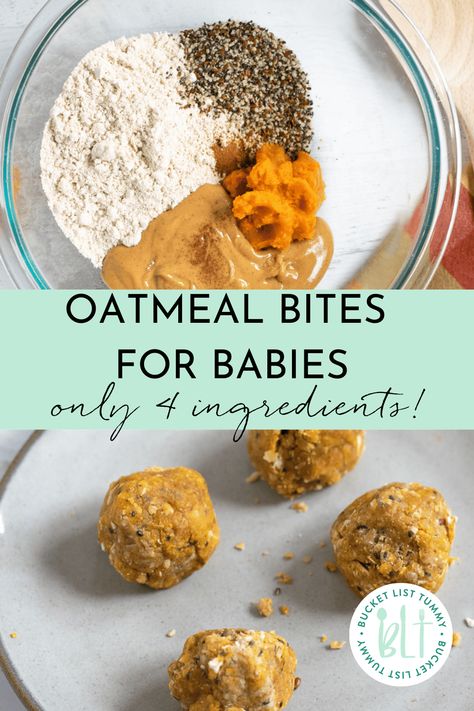 These oatmeal bites for baby are easy, free of added sugars and a good on-the-go snack! #oatmealbitesforbabies #babyoatmealbites #babyenergyballs Oatmeal For Infants, Easy Snacks For 10 Month Old, Baby First Solid Food Ideas, Daycare Food For 10 Month Old, Recipes With Baby Oatmeal Cereal, Baby Snack Ideas 1 Year, Baby Solids Recipes, Recipes Using Baby Oatmeal Cereal, Infant Snack Ideas