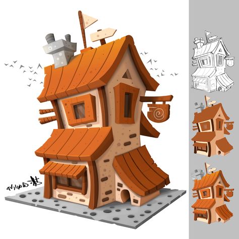 Blender House, Stylized House, Idle Game, Watercolor House Painting, Props Concept, Bored At Home, Bg Design, Cartoon House, Getting Bored