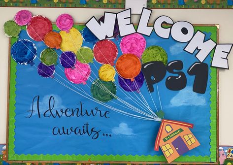 Teacher Day School Board Decoration, Bulitten Board Ideas Back To School, Preschool Buliton Board, Up Themed Bulletin Board Ideas, Welcome Board School Ideas, Our New Pack Bulletin Board, New School Year Bulletin Board Ideas, K4 Bulletin Boards, Up Inspired Bulletin Board