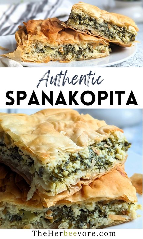 This authentic spanakopita recipe is flaky and flavorful, with layers of spinach, leeks, herbs, and phyllo dough. A fantastic classic Greek recipe that makes a great dinner or holiday meal. Spanakopita Cookies, Spanokita Recipe Greek, Spanicopita Recipe, Greek Brunch, Greek Spinach Pie Spanakopita, Husband Lunches, Easy Spanakopita, Beautiful Pastries, Feta Pie